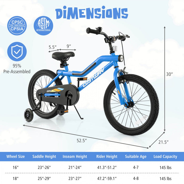 Costway 18" Led Lighted Kids Bike With Adjustable Seat Coaster Brake Training Wheels Blue