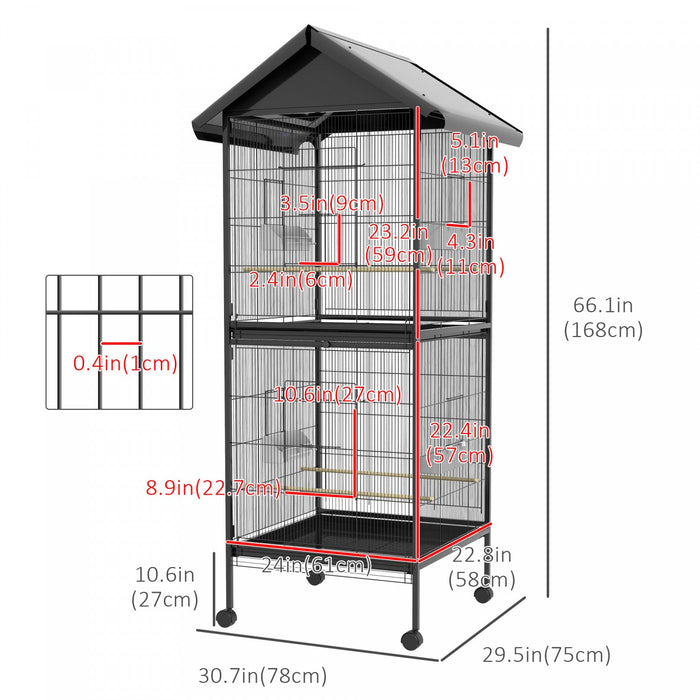 Pawhut Wrought Metal Bird Cage Feeder With Rolling Stand Perches Food Containers Doors Wheels 67\" H,