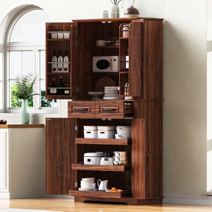 Fabian 72\" Adjustable Shelves Pantry Cabinet With Pull-out Organizers -Brown 