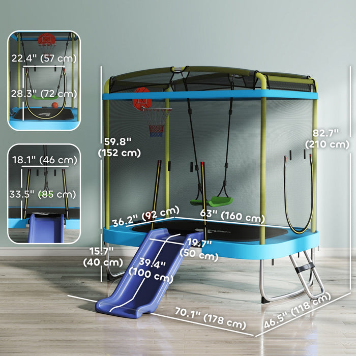 Qaba 70" x 47" Trampoline for Kids, Indoor & Outdoor Toddler Trampoline with Slide, Swing, Basketball Hoop, Ladder and Safety Enclosure, Gift for Boys & Girls, Light Blue