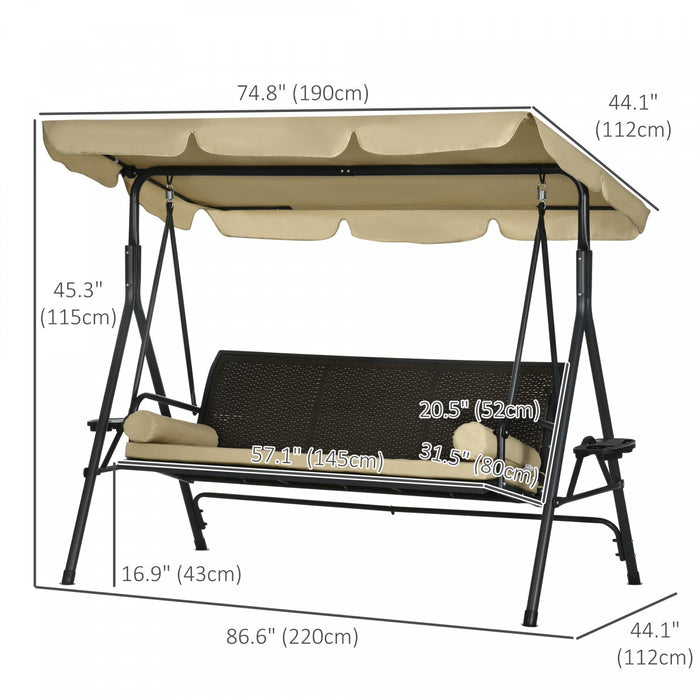 Outsunny 3-seat Porch Swing With Canopy Outdoor Swing Chair W/ Rattan Seat