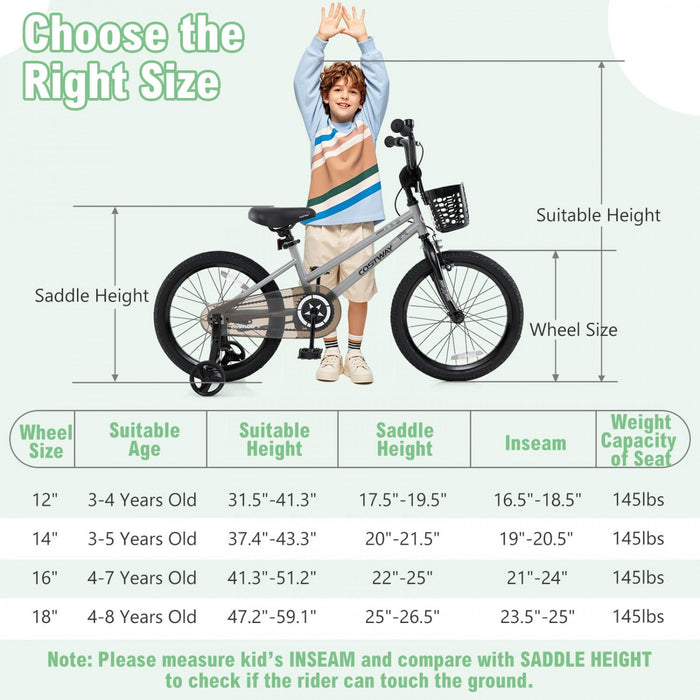 Costway 16" Kid's Bike With Training Wheels Adjustable Handlebar & Seat Handbrake Silver