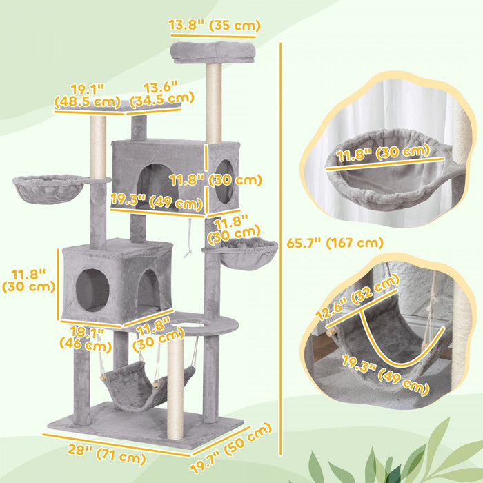 PawHut Cat Tree, 66 Inch Large Cat Tower with 2 Door Condos, 3 Big Hammocks, Plush Top Perch, Sisal Scratching Posts, Multi-level Kitty Tree for Indoor Kittens, Light Grey