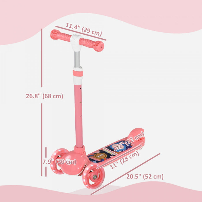 Qaba Kids Scooter, 3 Wheel Toddler Scooter With 3-level Adjustable Height, Rear-fender Brake, Led Light, Tpe Handlebar, For Boys And Girls Ages 2-6, Pink