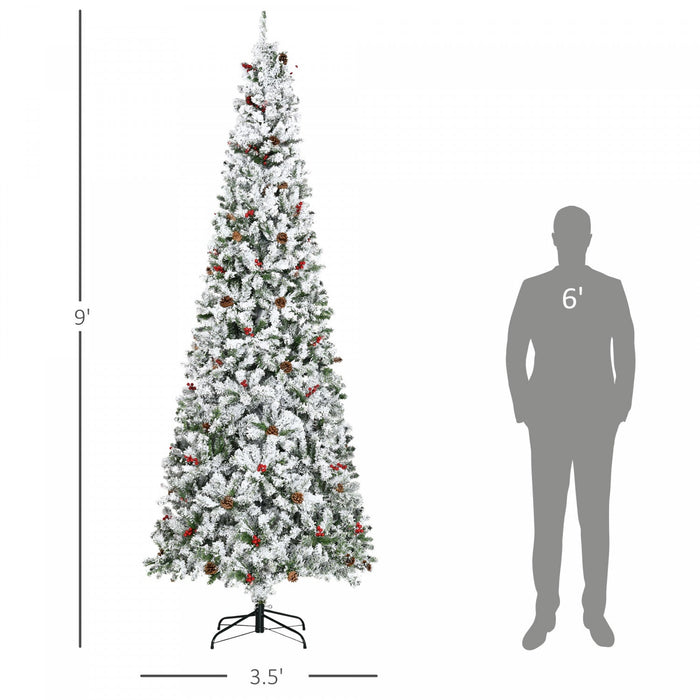 Homcom 9ft Snow Artificial Christmas Tree With Pine Cone, Red Berry
