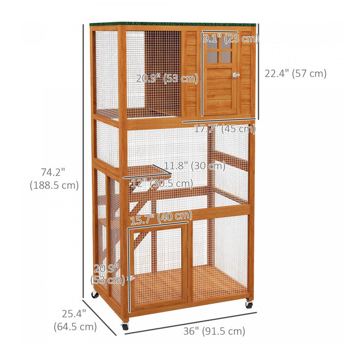 Pawhut 74\" Wooden Outdoor Cat House Weatherproof & Wheeled, Catio Outdoor Cat Enclosure With High We