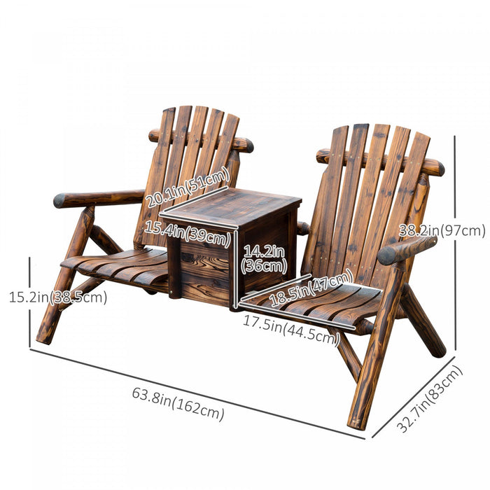 Outsunny 64" Double Wooden Garden Bench With Table, Rustic Brown