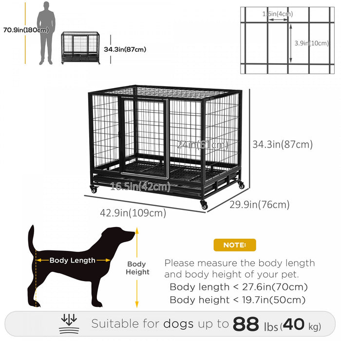Pawhut Heavy Duty Dog Crate Cage For Large Dogs Cats With Two Doors, Lockable Wheels, Removable Tray
