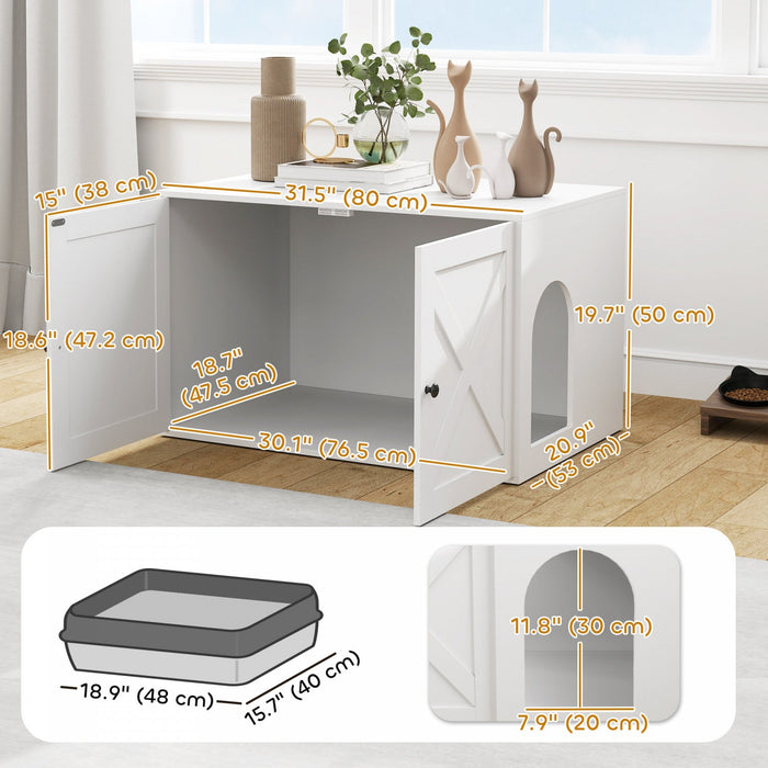 Pawhut Cat Litter Box Enclosure, Hidden Washroom Furniture With Doors, Cat Hole, Handles, Indoor Pet House Side End Table Fit Most Of Cat And Litter Box, 31.5" X 21" X 20", White