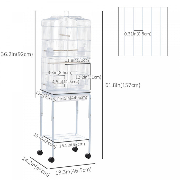 Pawhut 62\" Bird Cage Budgie Cage With Wheels, Detachable Stand, Storage, White