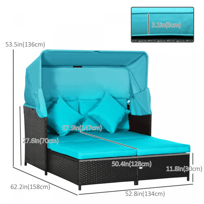 Outdoor Double Lounge Daybed W/ Awning & Cushions Sun Lounger, Green