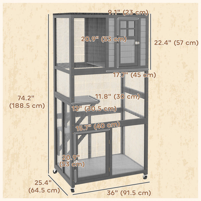 Pawhut 74\" Wooden Outdoor Cat House Weatherproof & Wheeled, Catio Outdoor Cat Enclosure With High We