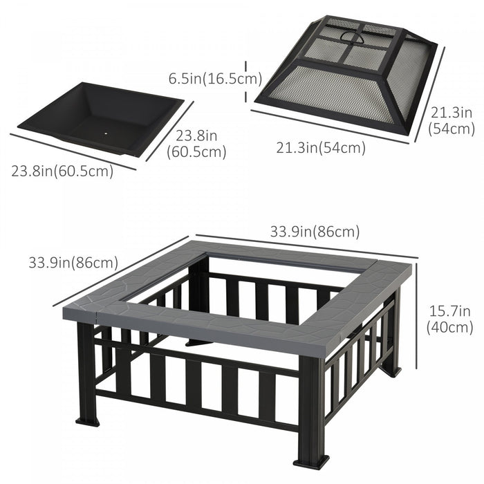 Outsunny 34\" Outdoor Square Firepit Steel Stove Portable With Spark Screen Cover Log Grate Poker And