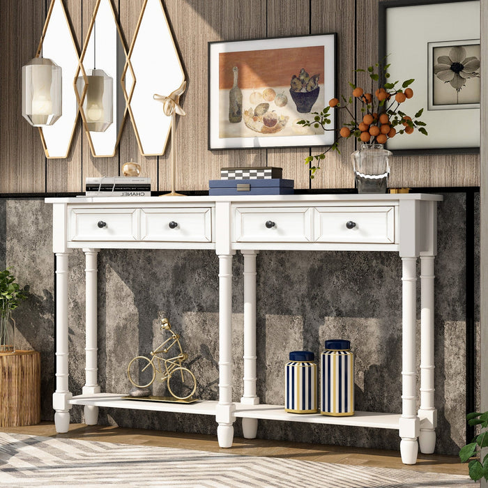 Phyllis Solid Wood Console Table With Drawers And Bottom Shelf - Ivory White 