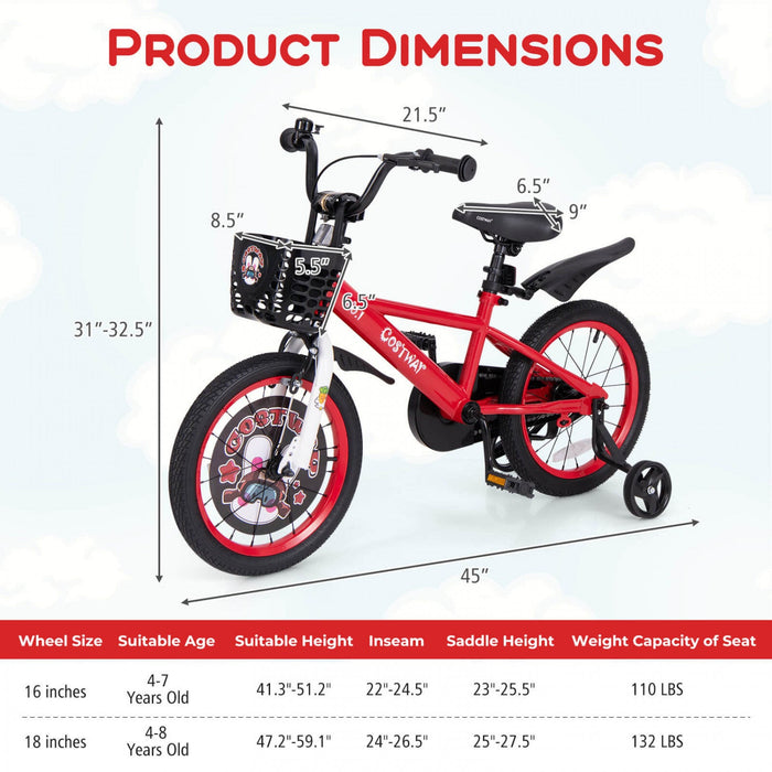 Costway 16" Kid's Bike For 4-7 With Height-adjustable Handlebar & Saddle Handbrake Red