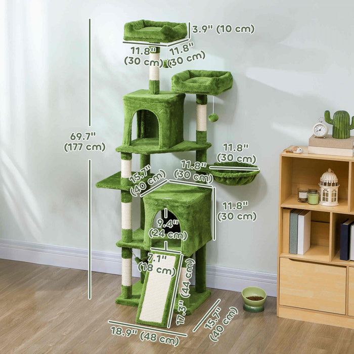 PawHut Cat Tree, 70" Multi-Level Cat Tower for Indoor with 2 Condos, 2 Plush Top Perches, Hammock, Platforms, Toy Balls, Sisal Scratching Posts and Board, Green