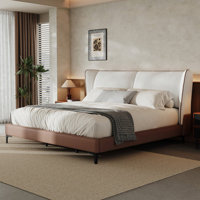 Ava Teddy Fleece Platform Bed with Wingback Headboard and Faux Upholstered, King Size, White King Bed  