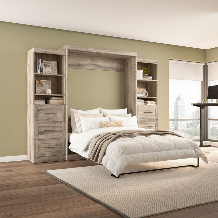 Bestar Pur Queen Murphy Two Shelving Units with Drawers 115-Inch Wall Bed - Rustic Brown