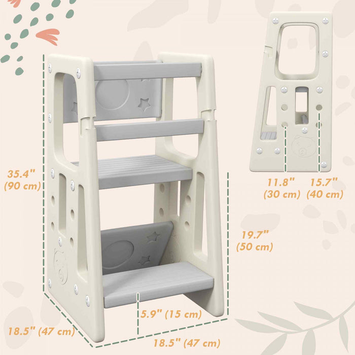Qaba Toddler Kitchen Helper 2 Step Stool With Adjustable Height Platform And Safety Rail, Cream Whit
