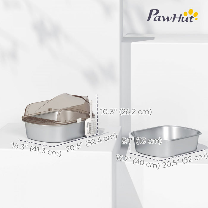Pawhut Stainless Steel Cat Litter Box With Lid, Metal Kitty Litter Pan Tray With High Sided Enclosure, Steps & Scoop, Non-sticky & Anti-urine Leakage, Easy Cleaning