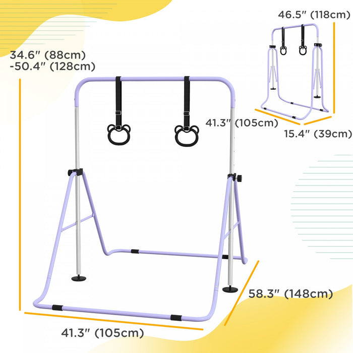 Qaba Gymnastics Bar For Kids, 35"-50" Adjustable Height Foldable Horizontal Bar With Gymnastics Rings, Non-slip Rubber Floor Rings, For Home Training Equipment, Purple