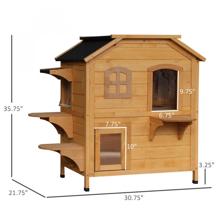 Pawhut Wood Outdoor Cat House 2-stories Catio For Cats With Indoor Lounge Space, Fun Entrances, Yell