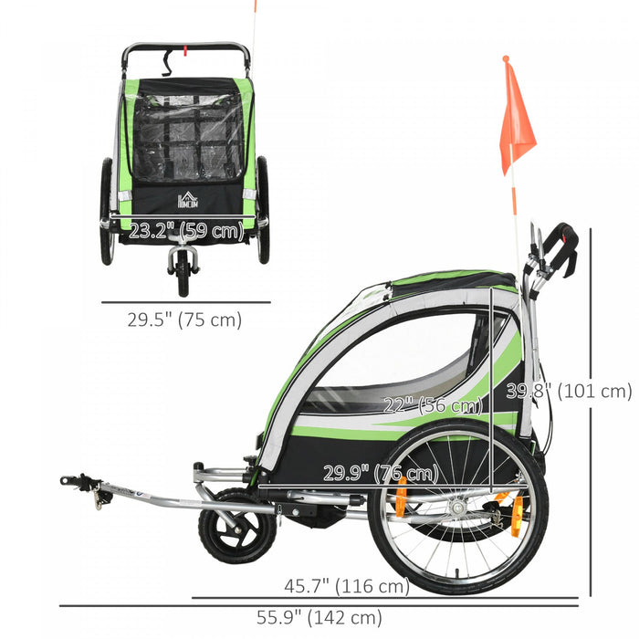 Aosom 2-in-1 Bike Trailer For Kids 2 Seater, Baby Stroller With Brake, Storage Bag, Safety Flag, Ref