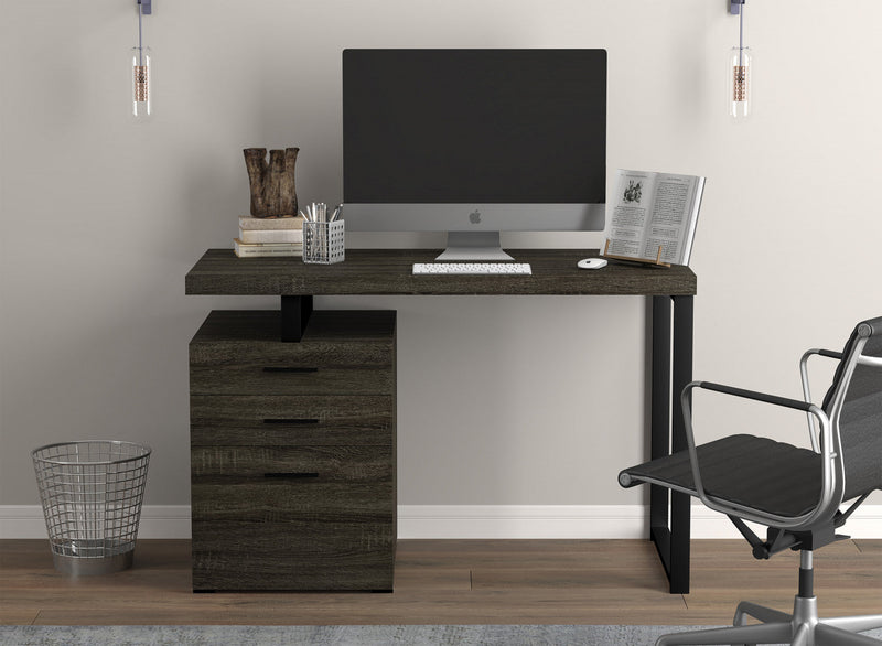 47” Computer Desk With 3 Drawers - Dark Grey Wood With Silver Metal Base 
