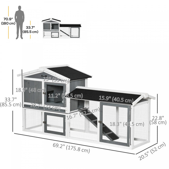 PawHut 69" Wooden Rabbit Hutch Pet Playpen Bunny House Enclosure with Run Box, Slide-out Tray, Ramp, for Rabbits and Small Animals, White
