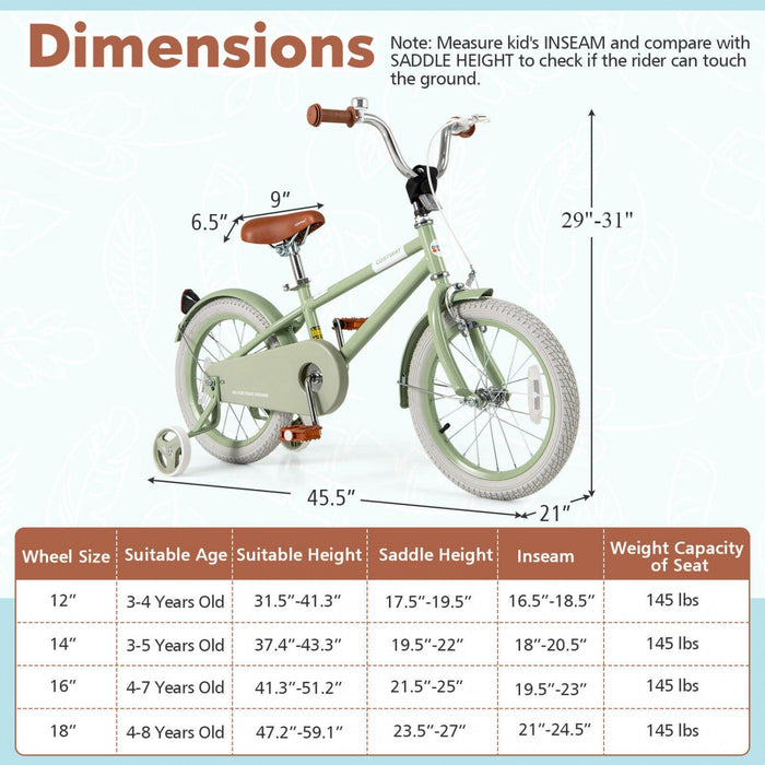 Costway 16" Kids Bike With Adjustable Saddle Handlebar Removable Training Wheels Handbrake Green
