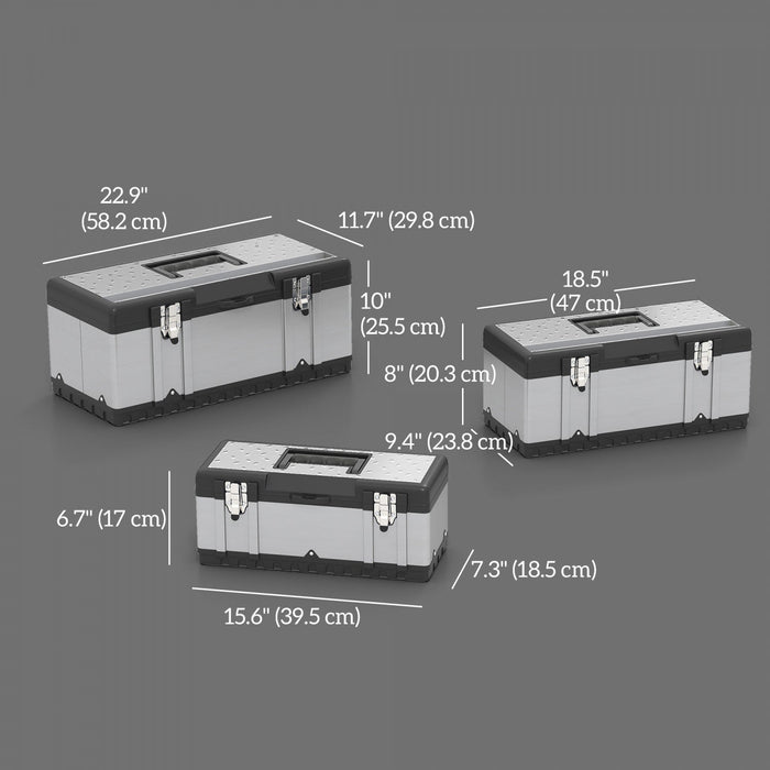 Homcom 3 Pieces Toolbox, 23"/ 19"/ 16" Stainless Steel Tool Box Case Set