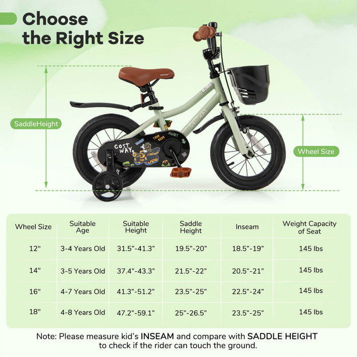 Costway 12" Kid's Bike With Training Wheels Adjustable Handlebar & Seat Handbrake Green