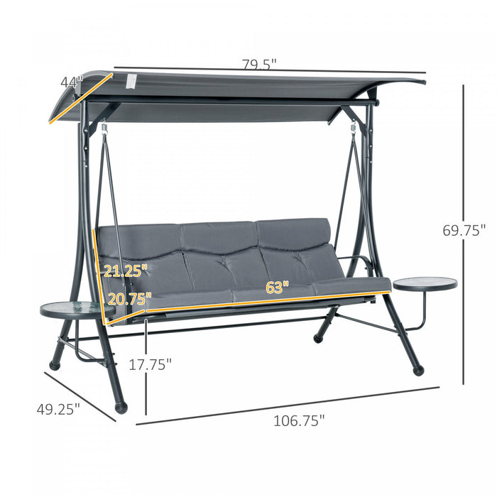 Outsunny 3 Seat Outdoor Swing Chair Steel Swing Bench Porch Swing With Adjustable Canopy, Coffee Tab