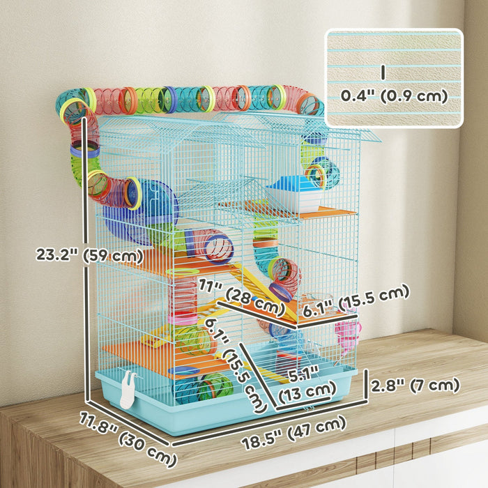 Pawhut 18.5" Hamster Cage, 5 Tiers Small Animal House With Tunnel Tube System, Exercise Wheel, Water Bottle, Food Dish, Ramp, Light Blue