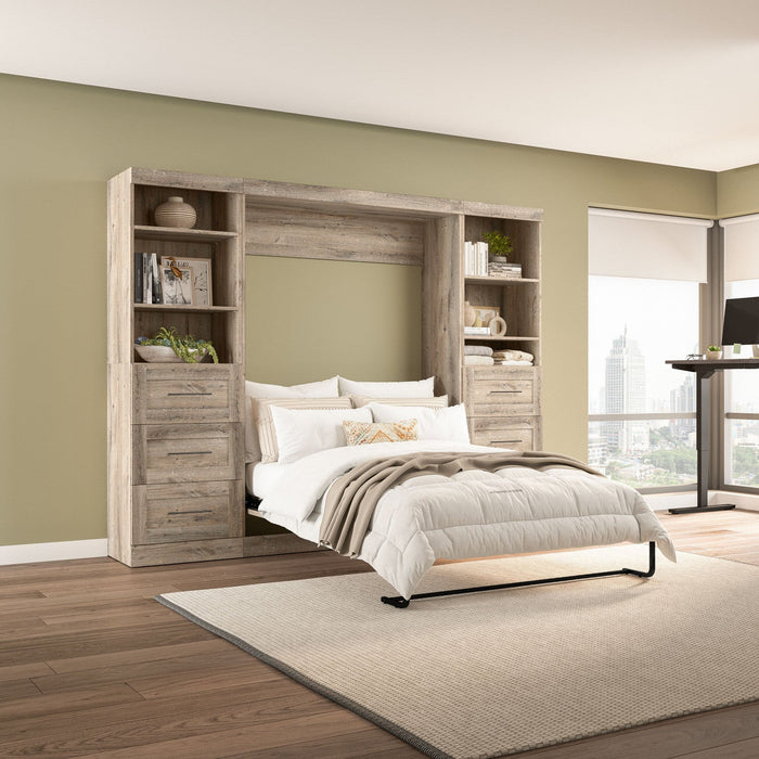 Bestar Pur Full Murphy Two Shelving Units with Drawers 109-Inch Wall Bed - Rustic Brown