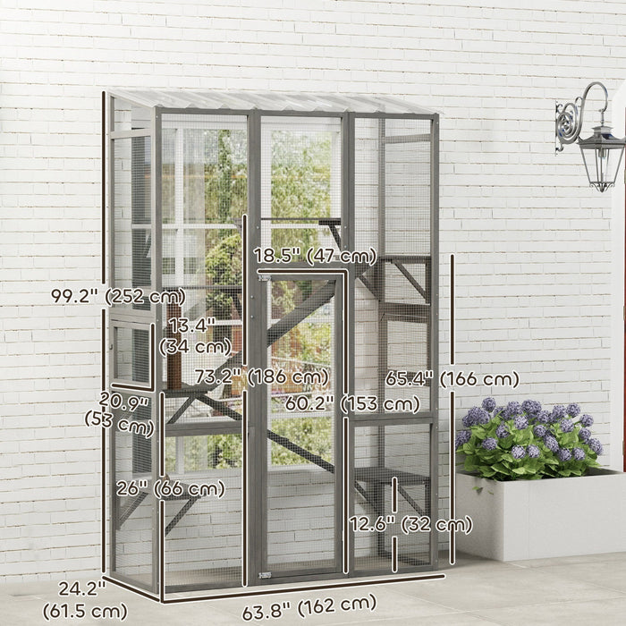 PawHut Catio Outdoor Cat Enclosure, Large Wooden Cat House with 6 Platforms, Scratching Post, 2 Ramps, Waterproof Roof, Walk-in Kitty Cage for 2–3 Kittens, 64" x 24" x 99", Grey