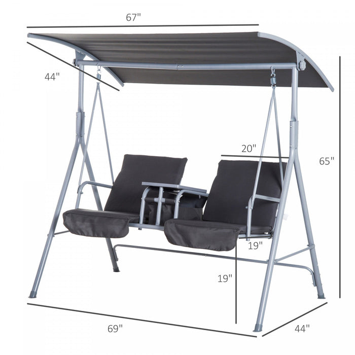 Outsunny Double Outdoor Swing Chair 2 Person Covered Swing Porch Swing W/ Pivot Table & Storage Cons