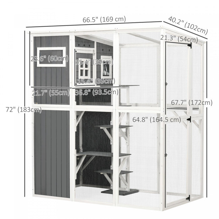Pawhut Wooden Cat Catio, Outdoor Cat House, Cat Enclosure With Plastic Weather Protection Roof, Mult