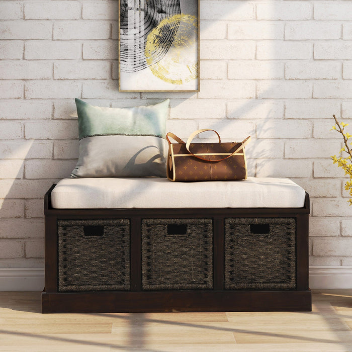 Leif Solid Wood And Rattan Baskets Storage Bench With Cushioned Seat - Espresso 