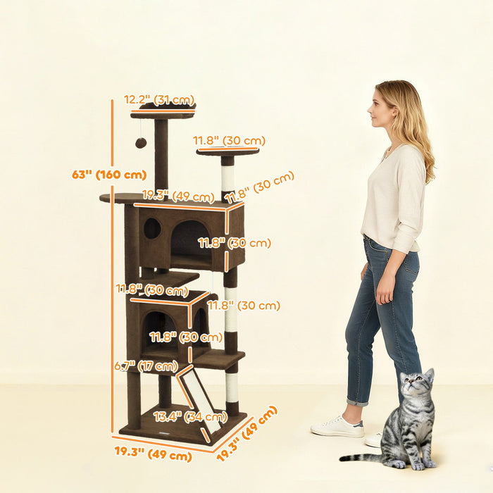 PawHut 63" Cat Tree, Cat Tower for Indoor Cats with Scratching Posts, Cat Condos, Bed, Platforms, Ramp, Toy Ball, Cat Activity Center, Light Brown