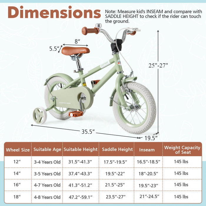 Costway 12" Kids Bike With Adjustable Saddle Handlebar Removable Training Wheels Handbrake Green