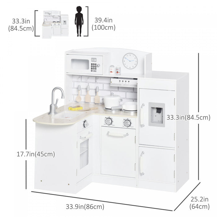 Qaba Kids Kitchen Play Cooking Toy Set For Children With Drinking Fountain, Microwave, And Fri - White 