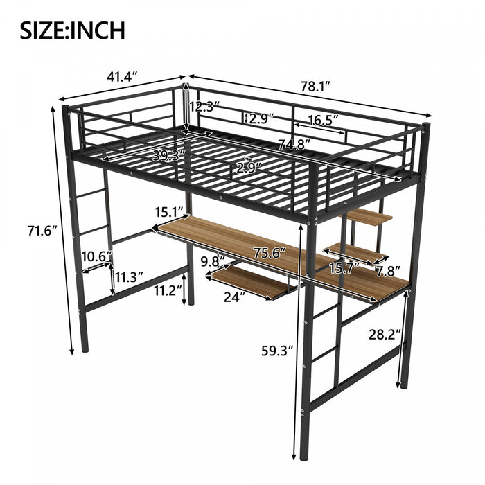 Andy Twin Loft Space-saving Metal Bed With Desk And Led Light - Black 