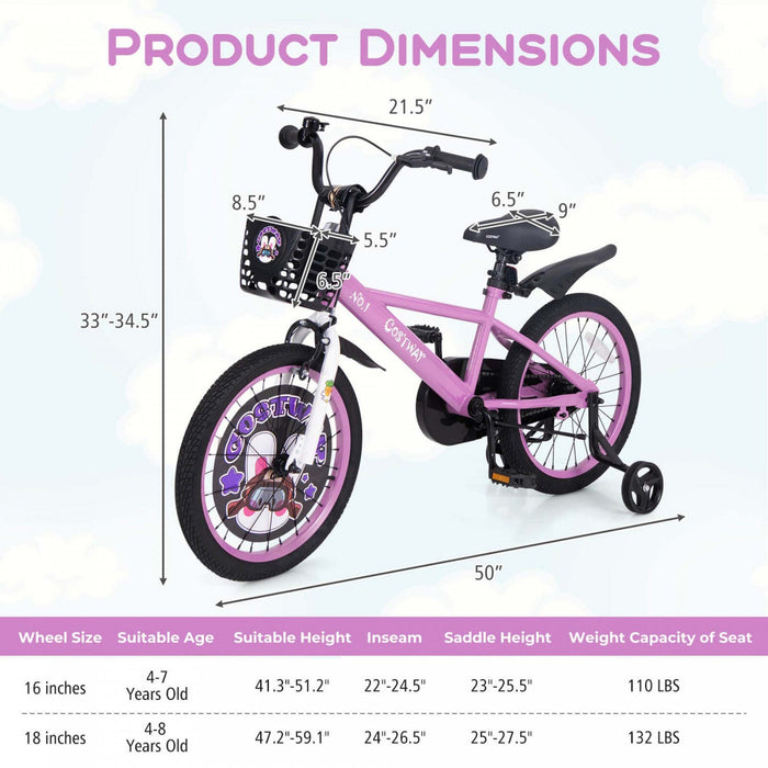 Costway 18" Kid's Bike For 4-8 With Height-adjustable Handlebar & Saddle Handbrake Purple