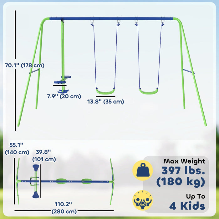 Outsunny 3 in 1 Metal Swing Set with Double Swings, Glider, Kids Swing Set for Backyard, Outdoor, Playground, Green