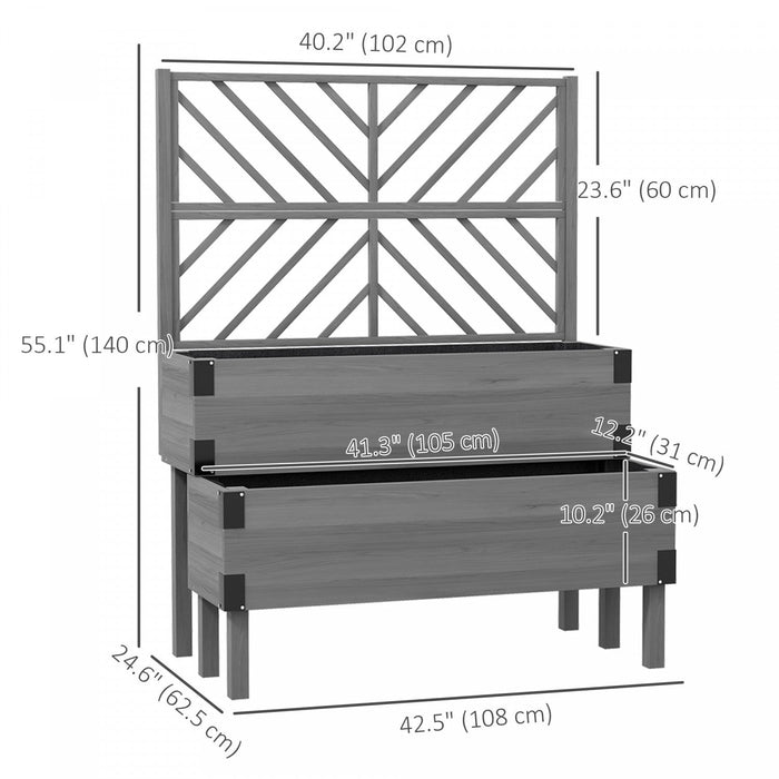 Outsunny 2 Tier Wooden Raised Bed W/ Trellis Elevated Planter Box, Grey