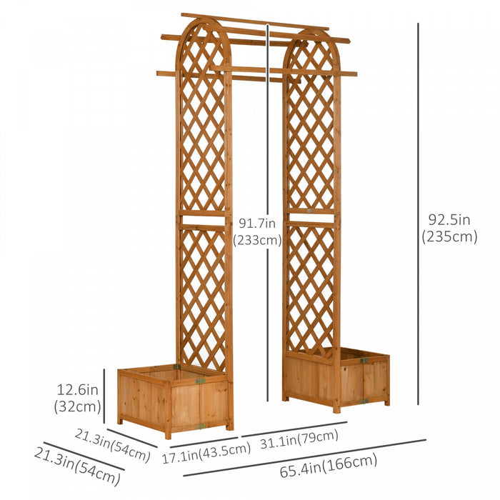 Outsunny 7.7ft Garden Arch With Planter Boxes Wooden Trellis Arbor, Brown