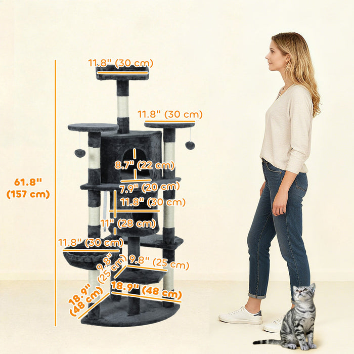 PawHut Cat Tree, 62" Multi-Level Cat Tower with Scratching Posts, 2 Condos, Hammock, Perches, Plush, Pompoms, for Indoor Kittens Playing, Resting, Sleeping, Dark Grey