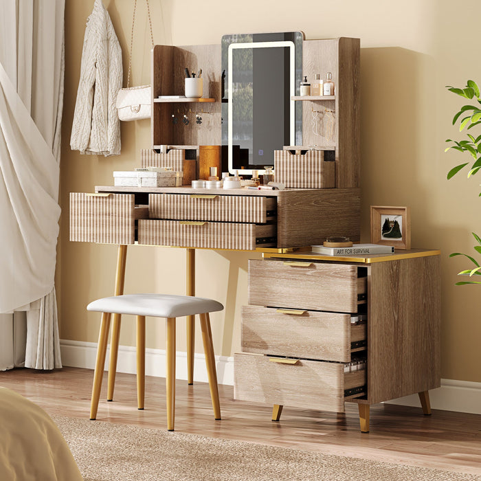 Victoria 7-Drawer Vanity Table Set with LED Mirror and Metal Legs,Yellow Brown Mirror Cabinet  