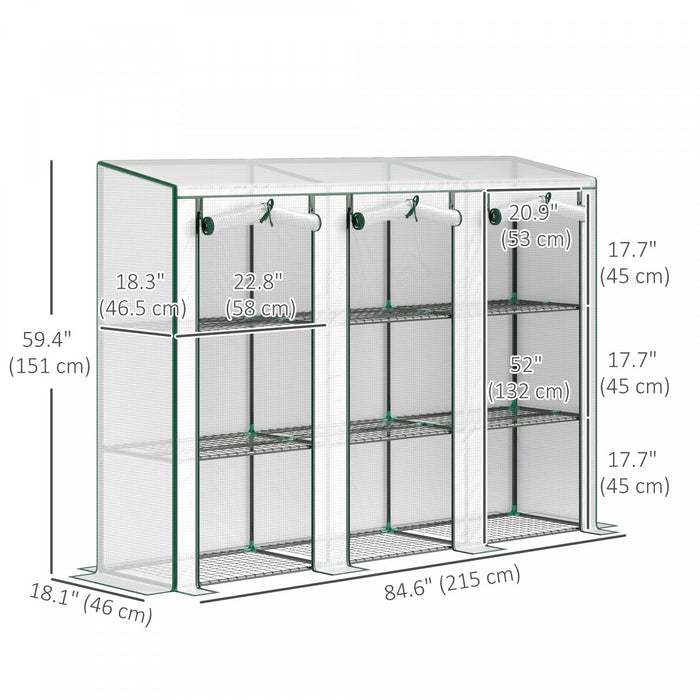 Outsunny Lean-to Mini Greenhouse W/ 3 Tier Shelves, 3 Roll-up Doors, White